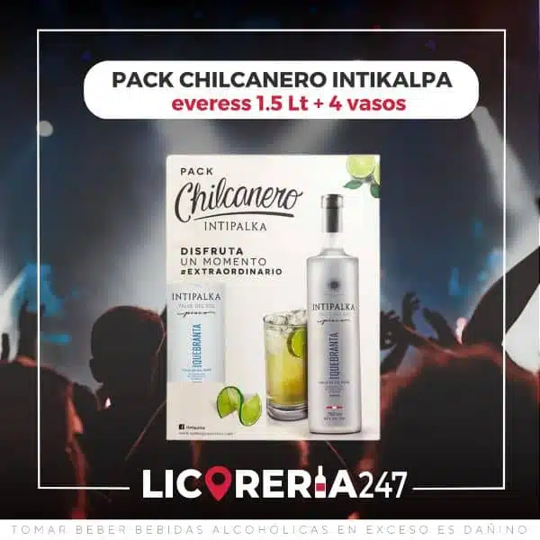 PACK CHILCANERO PISCO INTIPALKA PURO ACHOLADO 750ML+ evervess 1.5lt + 4 vasos