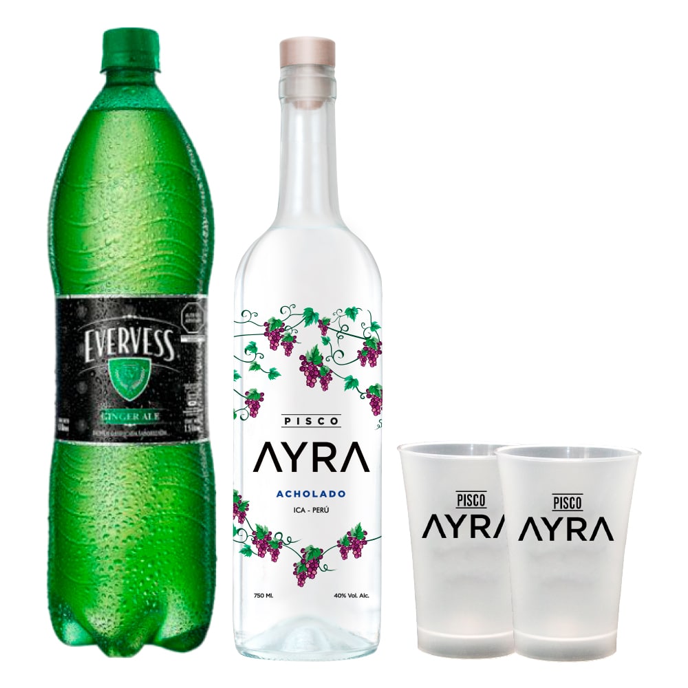 PACK CHILCANERO AYRA Pisco Ayra 750ml+ 1 Evervess 1.5Lt + 2 vasos Ayra