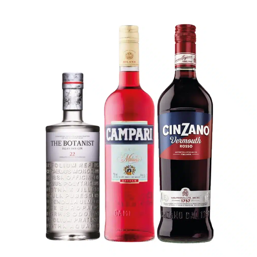 PACK NEGRONI Gin the Botanist 700ml + Licor Bitter Campari 750ml + Vermouth Cinzano Rosso 1Lt